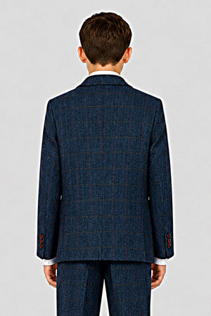 Scott - Boys Navy Herringbone Tweed Check 3 Piece Suit