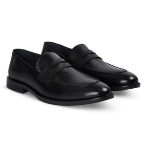 Ted - Men's Black Classic Moc Toe Leather Penny Loafers
