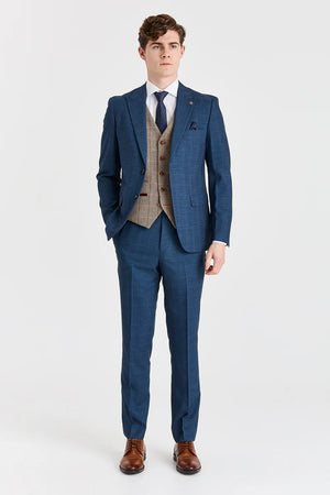 Costume bleu marine « Viceroy » avec gilet en tweed Harris marron