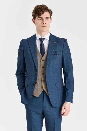Costume bleu marine « Viceroy » avec gilet en tweed Harris marron