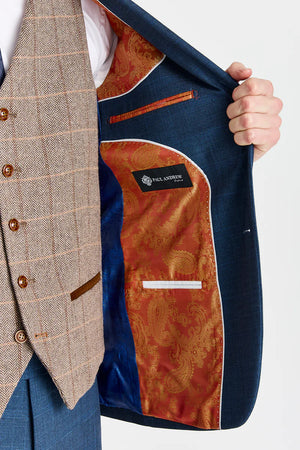 Costume bleu marine « Viceroy » avec gilet en tweed Harris marron