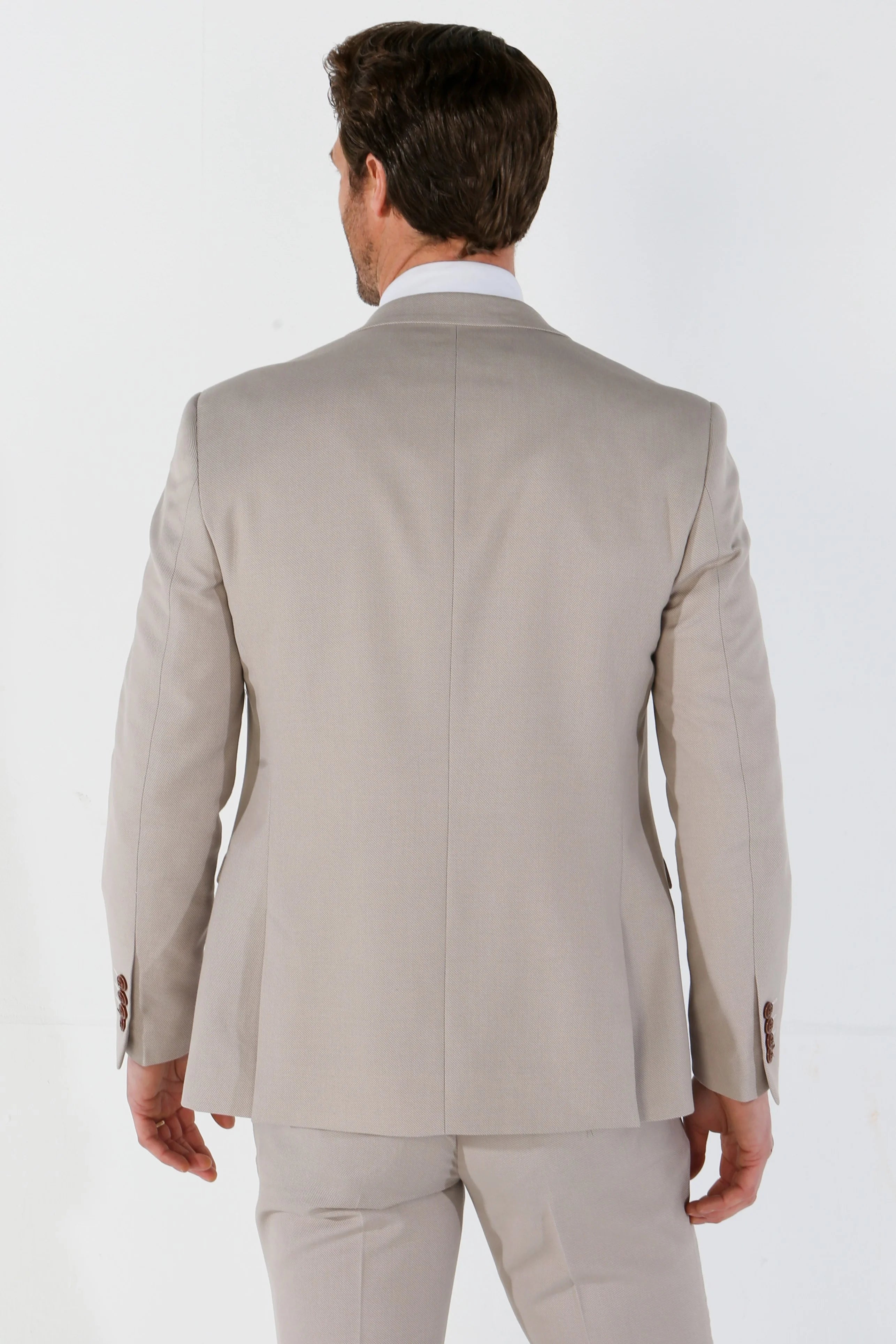 Mayfair – 3-teiliger beigefarbener Birdseye-Hochzeitsanzug für Herren