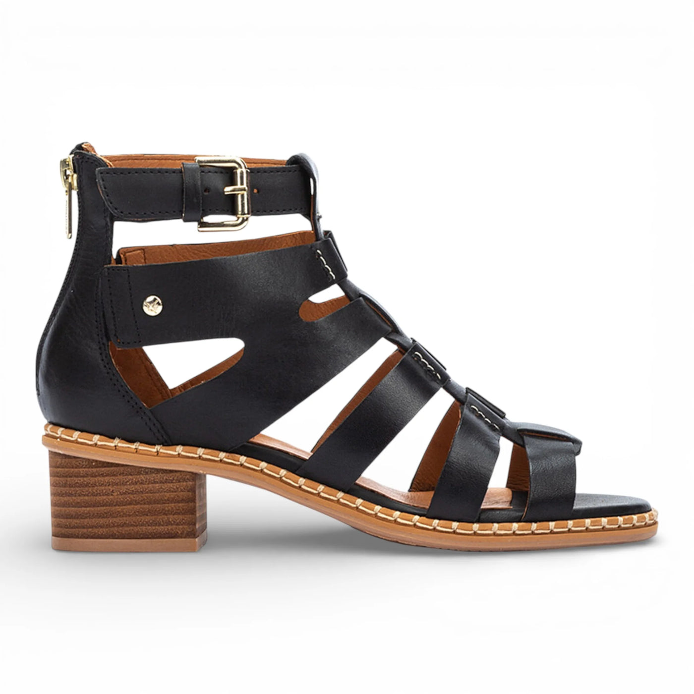 Blanes - Women's Black Leather Block-Heel Sandals