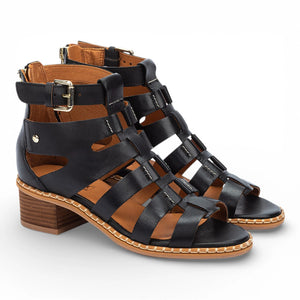 Blanes - Women's Black Leather Block-Heel Sandals