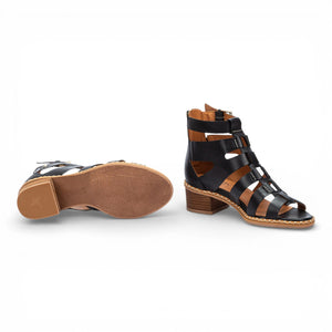 Blanes - Women's Black Leather Block-Heel Sandals
