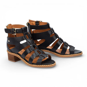 Blanes - Women's Black Leather Block-Heel Sandals