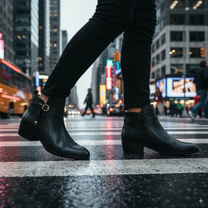 Daroca - Women’s Black Leather Bootie Heeled Biker Boots-TruClothing
