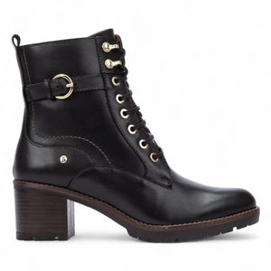 Llanes - Women’s Black Leather Mid-Heel Combat Ankle Boots-TruClothing