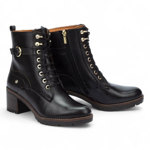 Llanes - Women’s Black Leather Mid-Heel Combat Ankle Boots-TruClothing