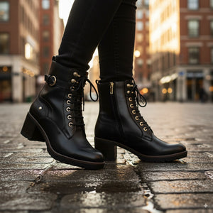 Llanes - Women’s Black Leather Mid-Heel Combat Ankle Boots-TruClothing