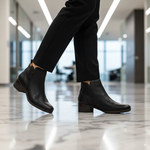 Malaga - Women’s Black Mid Heel Zip Leather Ankle Boots-TruClothing
