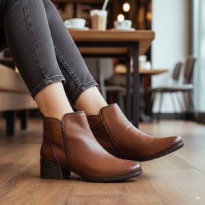 Malaga - Women’s Brown Mid Heel Zip Leather Ankle Boots-TruClothing