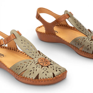 P-Vallarta - Women’s Tan Green Leather Wedge Sandals
