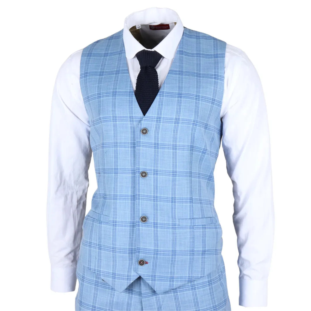 James Darby Plowman Men s Light Blue Checked Waistcoat TruClothing