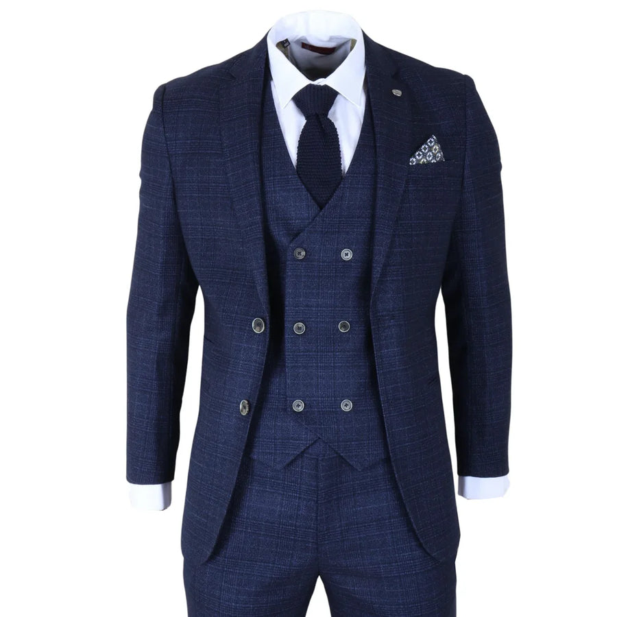 Luis - Men's Blue Plaid Check Slim Fit 3 Piece Suit-TruClothing