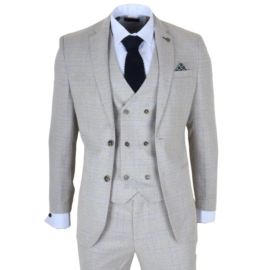 Luis - Men's Cream Plaid Check Slim Fit 3 Piece Suit-TruClothing