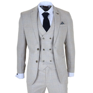 Luis - Men's Cream Plaid Check Slim Fit 3 Piece Suit-TruClothing