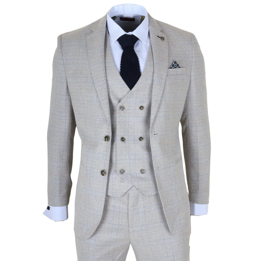 Luis - Men's Cream Plaid Check Slim Fit 3 Piece Suit-TruClothing