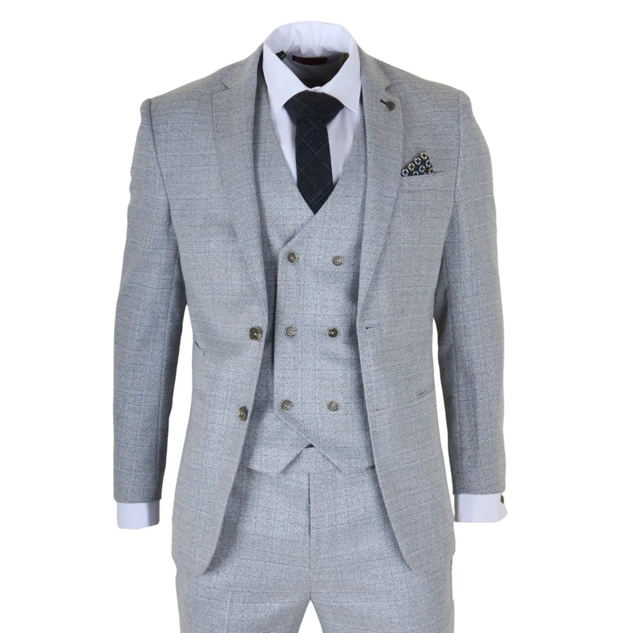 Luis - Men's Light Blue Plaid Check Slim Fit 3 Piece Suit-TruClothing