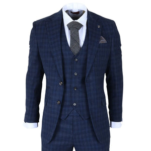 Marcos - Men's Navy Blue Plaid Check Slim Fit 3 Piece Suit-TruClothing