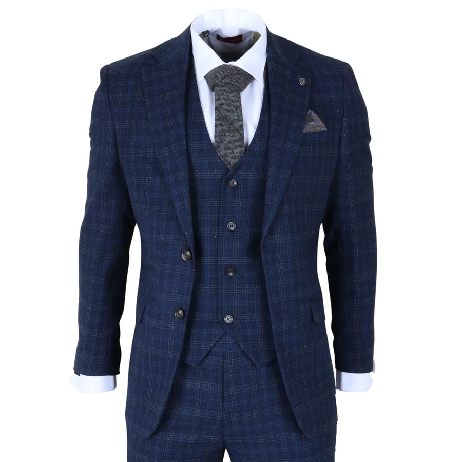 Marcos - Men's Navy Blue Plaid Check Slim Fit 3 Piece Suit-TruClothing