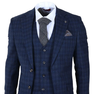 Marcos - Men's Navy Blue Plaid Check Slim Fit 3 Piece Suit-TruClothing