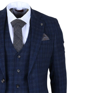 Marcos - Men's Navy Blue Plaid Check Slim Fit 3 Piece Suit-TruClothing