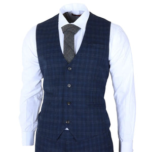 Marcos - Men's Navy Blue Plaid Check Slim Fit 3 Piece Suit-TruClothing