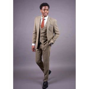 Parker - Men's Tan Brown Classic Check Slim Fit 3 Piece Suit-TruClothing