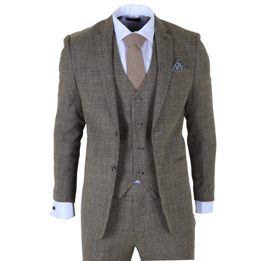 Parker - Men's Tan Brown Classic Check Slim Fit 3 Piece Suit-TruClothing