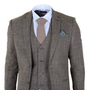 Parker - Men's Tan Brown Classic Check Slim Fit 3 Piece Suit-TruClothing