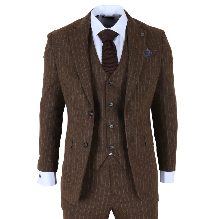 Victor - Men's Brown Pinstripe Slim Fit 3 Piece Suit-TruClothing