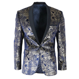 STZ63 - Mens Velvet Paisley Floral Blue Gold Tuxedo Blazer-TruClothing
