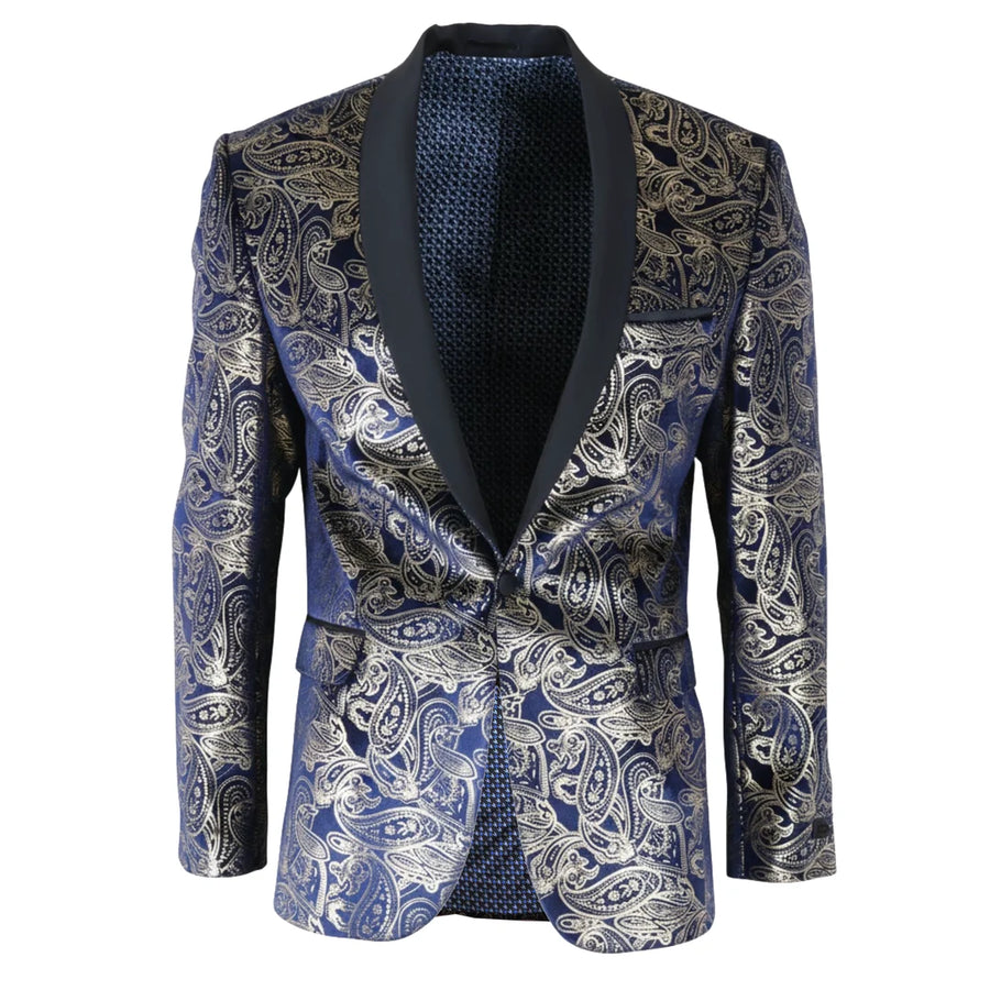 STZ63 - Mens Velvet Paisley Floral Blue Gold Tuxedo Blazer-TruClothing