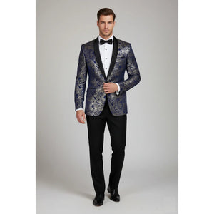 STZ63 - Mens Velvet Paisley Floral Blue Gold Tuxedo Blazer-TruClothing