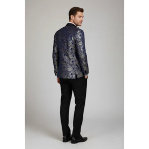 STZ63 - Mens Velvet Paisley Floral Blue Gold Tuxedo Blazer-TruClothing