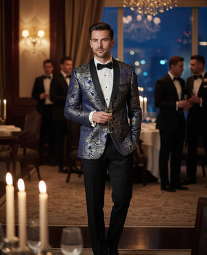 STZ63 - Mens Velvet Paisley Floral Blue Gold Tuxedo Blazer-TruClothing
