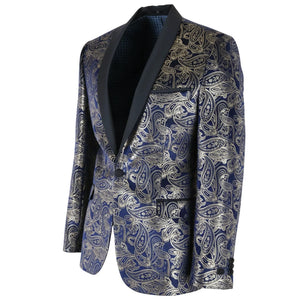STZ63 - Mens Velvet Paisley Floral Blue Gold Tuxedo Blazer-TruClothing