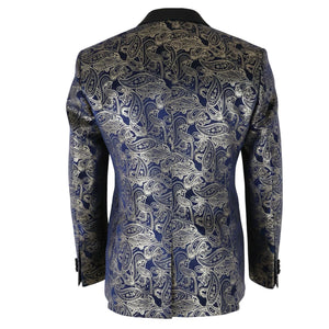 STZ63 - Mens Velvet Paisley Floral Blue Gold Tuxedo Blazer-TruClothing