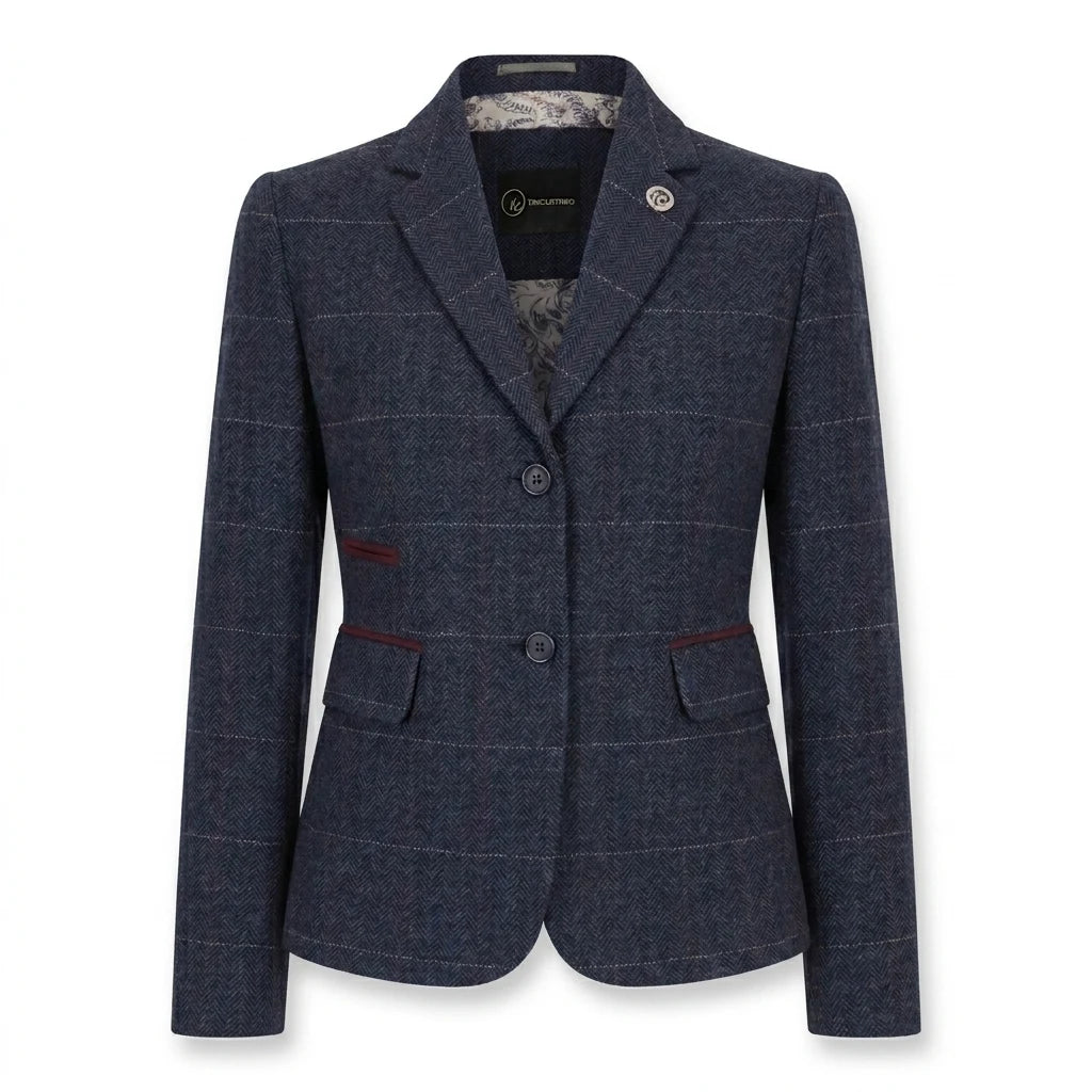 TPW-32 - Women's Navy Wool Blend Tweed Blazer Waistcoat