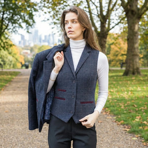 TPW-32 - Women's Navy Wool Blend Tweed Blazer Waistcoat