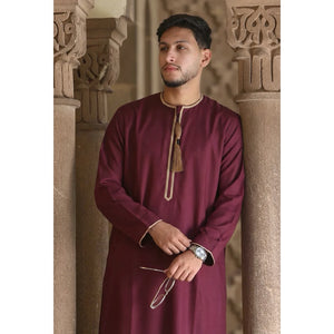 TT-003 - Men's Wine Emirati Omani Tassel Embroidery Thobe-TruClothing