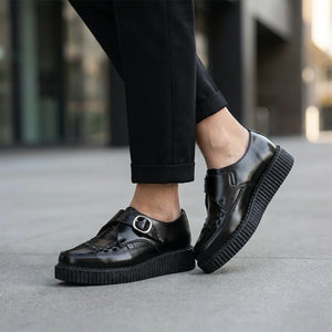 Pointed Creeper Black Leather Monk Buckle Platform Shoes-TruClothing