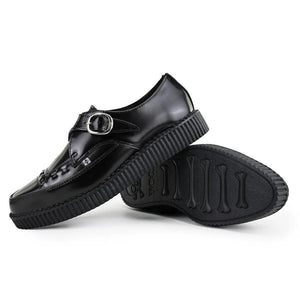 Pointed Creeper Black Leather Monk Buckle Platform Shoes-TruClothing