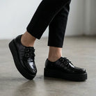 Viva High Creeper Black Leather Platform Lace-Up Goth Shoes-TruClothing