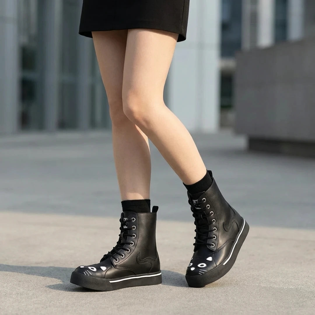 Women's Kitty Black Vegan Leather Combat Sneaker Boots-TruClothing