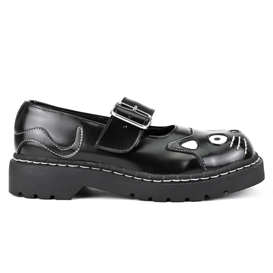 Women's Mary Jane Kitty Black Leather Platform Goth Shoes-TruClothing