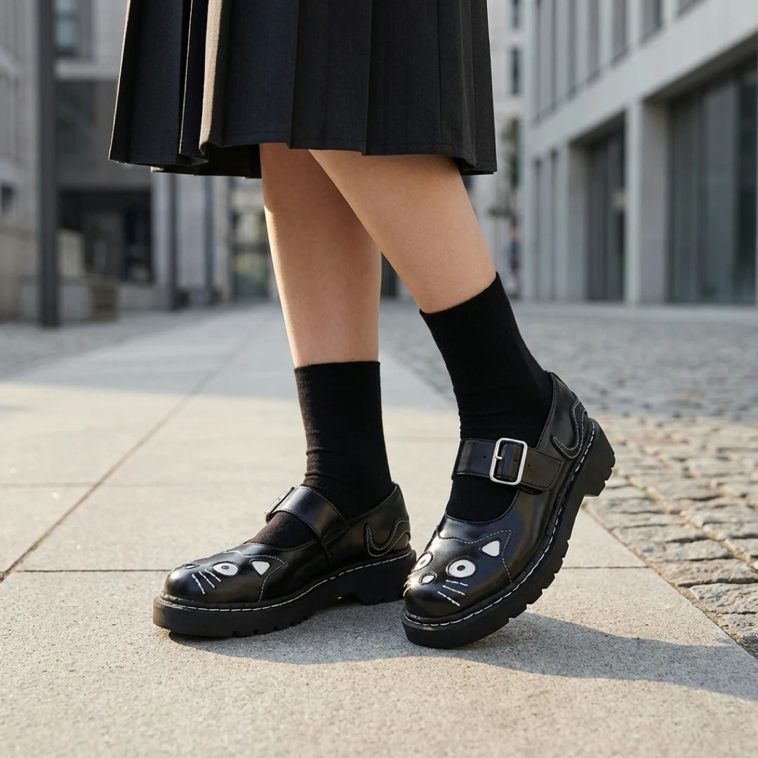 Women's Mary Jane Kitty Black Leather Platform Goth Shoes-TruClothing