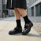 Women's Mary Jane Kitty Black Leather Platform Goth Shoes-TruClothing