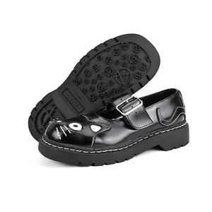 Women's Mary Jane Kitty Black Leather Platform Goth Shoes-TruClothing